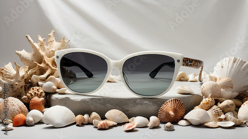 On top of a white table, there is a verano background with a clear shade of rafia gafas of dark sun, seashells, conchas, and rays of gray and white. photo