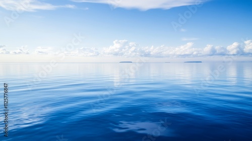 Aerial view of the Baltic Sea, with calm blue waters and small islands scattered across the horizon, captured from a drone. The sky is clear with a few clouds, emphasizing the vastness of the sea