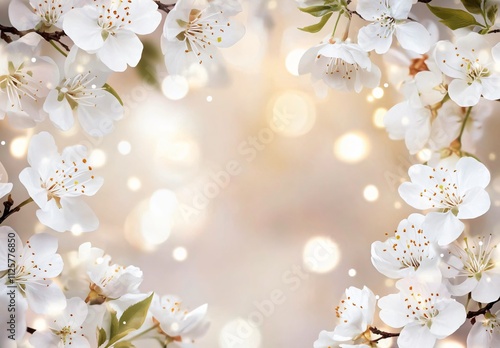 Elegant Spring Blossom Frame, Soft White Flowers & Bokeh Background