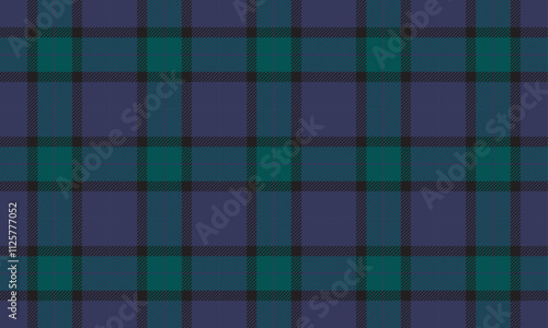 Plaid fabric pattern, purple, black, green, fashionable seamless for textile and clothing design, skirt, pants, apron, tablecloth, blanket or decoration. Vector illustration.