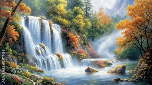 Serene Autumn Waterfall: A Breathtaking Landscape Painting
