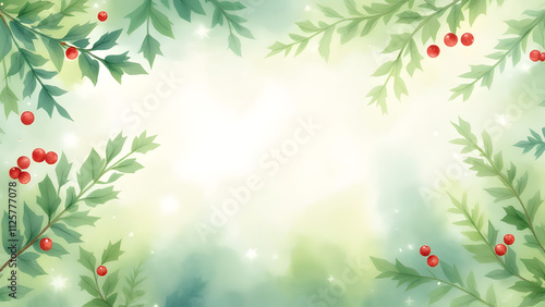 Wallpaper Mural Green watercolor Christmas background with copyspace and decorated borders. Torontodigital.ca