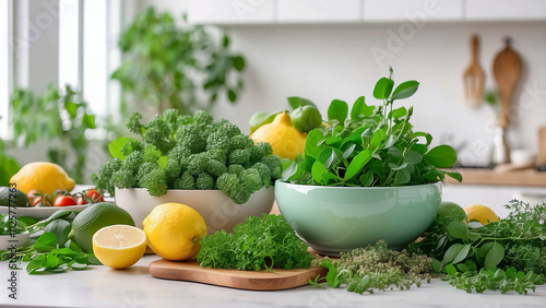 Green ecological zomos with limón, menta, chia, and spinacas and zanahorias on a white kitchen countertop in a family home. Detoxification and health care photo