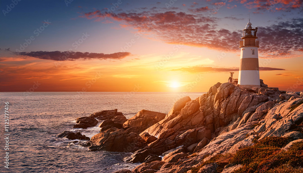 Fototapeta premium A lighthouse stands majestically on rocky cliffs by the ocean at sunset