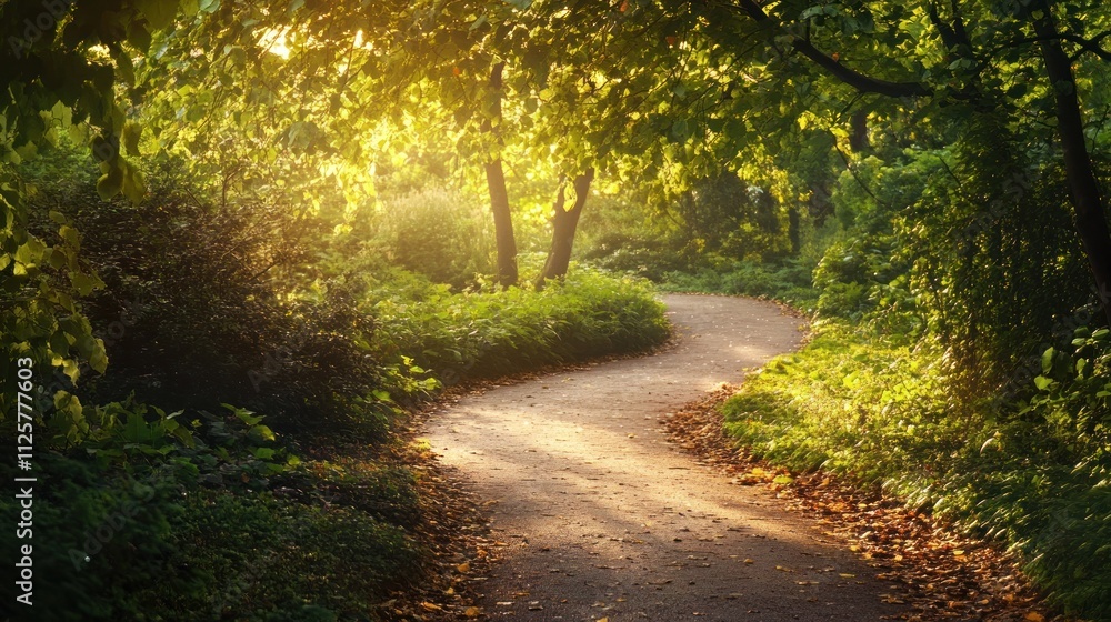 Fototapeta premium Sunlit Path Through Lush Greenery: A Serene Forest Walk