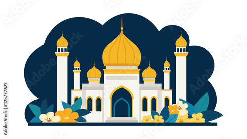 Flat Design Illustration of Golden Islamic Mosque Heritage Building with Floral in Blue Sky at Night