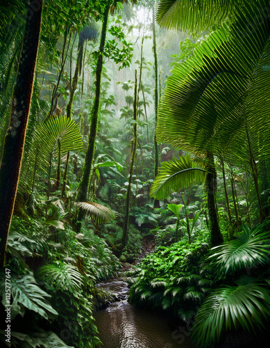 Lush green rainforest with dense foliage, towering trees, and a serene water stream