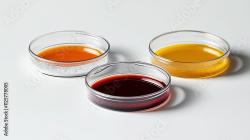 Vibrant Laboratory Petri Dishes with Colorful Liquid Samples Including Orange, Red, and Yellow Solutions on a Clean Surface for Scientific Research and Experiments