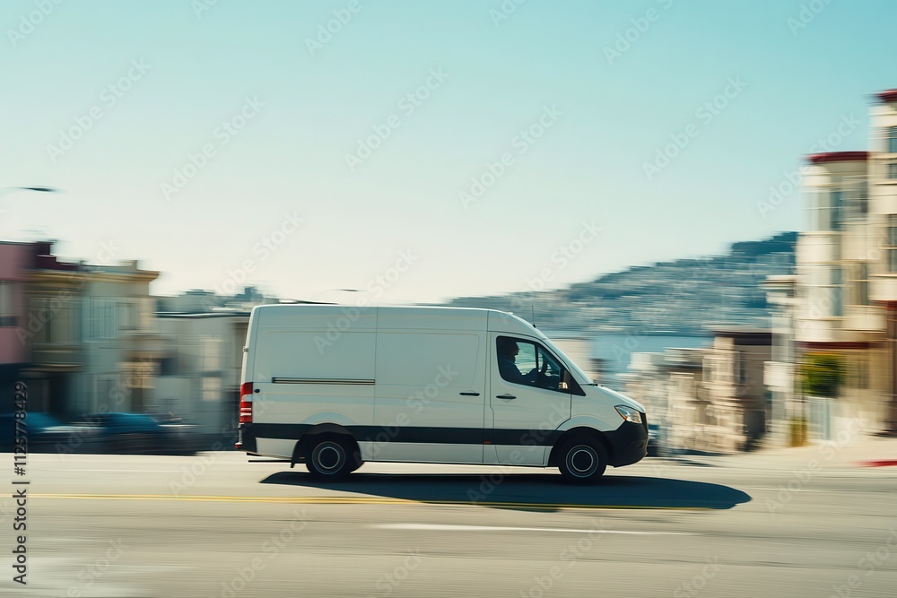 White Delivery Van in Motion on Urban Street During Daylight with Blurred Background and Vibrant Cityscape White Delivery Van in Motion on Urban Street During Daylight with Blurred Background and Vibrant Cityscape