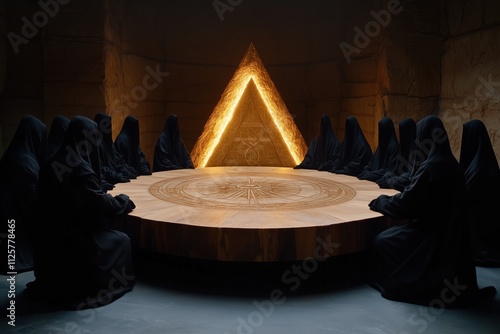 Mysterious cloaked figures gathered in a dark chamber for an ancient ritual ceremony. Occult secret society concept photo