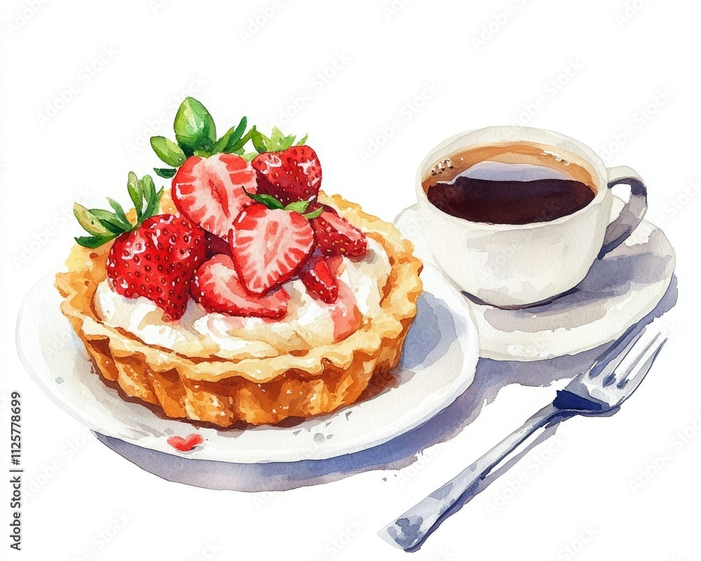 A delectable strawberry tart topped with fresh strawberries and cream, served alongside a cup of coffee on a white plate. A delectable strawberry tart topped with fresh strawberries and cream, served alongside a cup of coffee on a white plate.