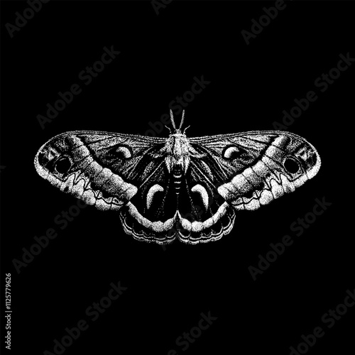 Cecropia Moth hand drawing vector isolated on black background.