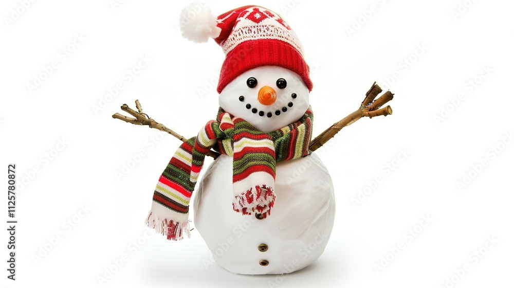 Snowman Isolated on White Background, A Charming Winter Figure Standing Alone in a Blank Canvas of Snow. Snowman Isolated on White Background, A Charming Winter Figure Standing Alone in a Blank Canvas of Snow.