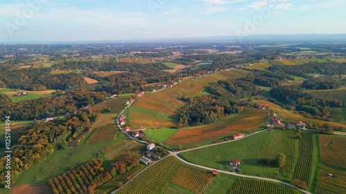 Stunning aerial 4K drone footage of an wine region of Kog, Slovenia. Filmed on a crisp, sunny late autumn day, this video shows beautiful Slovenian countryside surrounded by vineyards. photo