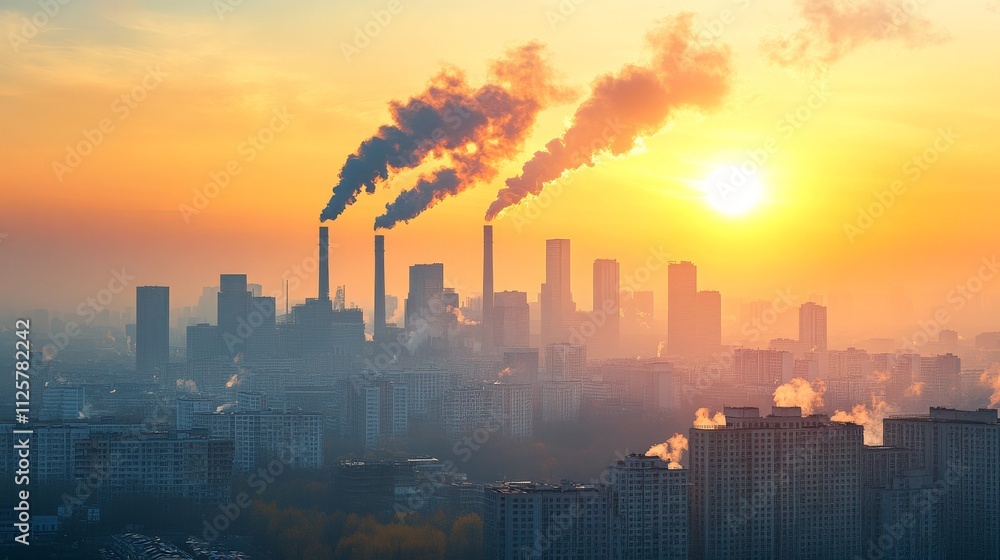 Dramatic Sunset Over Polluted City Landscape Dramatic Sunset Over Polluted City Landscape