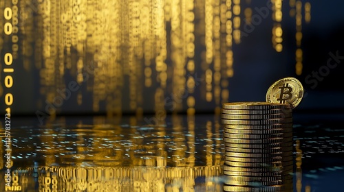 A stack of gold coins sits on a table with a computer screen behind it photo