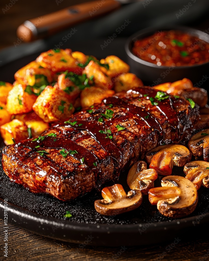 Sizzling steak with mushrooms and potatoes gourmet restaurant food cozy ambiance close-up culinary delight Sizzling steak with mushrooms and potatoes gourmet restaurant food cozy ambiance close-up culinary delight