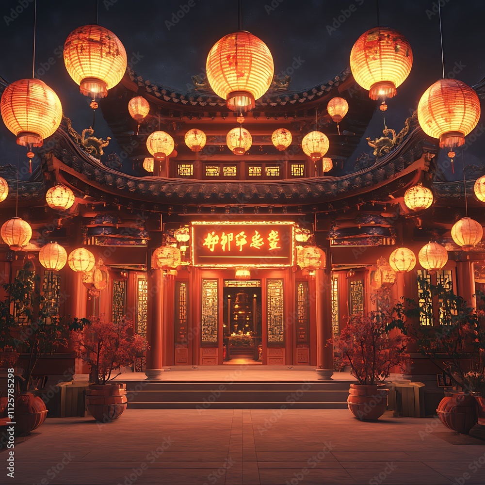 Obraz premium Illuminated Chinese temple at night, lanterns, festive.