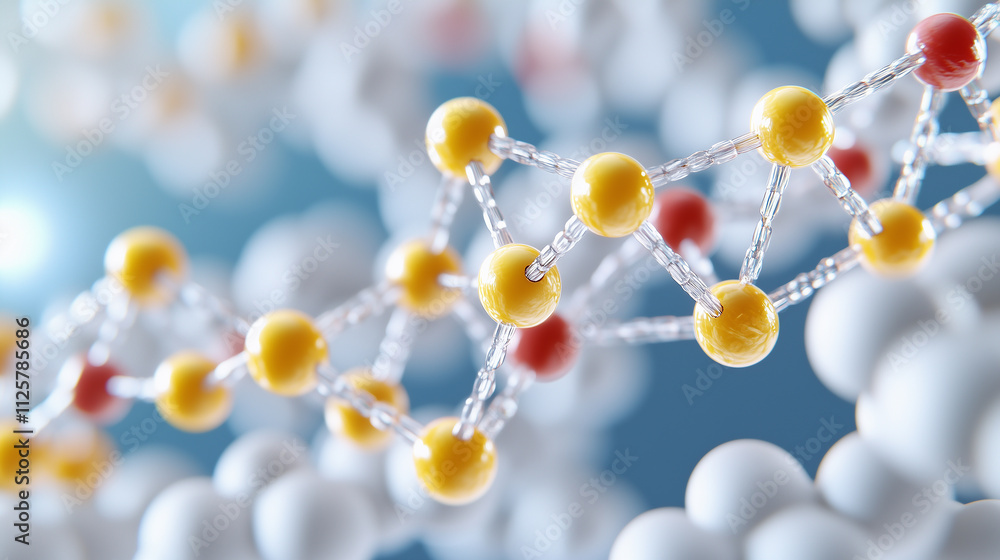 A 3D rendering of a complex molecular structure with yellow and red spheres connected by thin lines, set against a blurred background of white spheres. A 3D rendering of a complex molecular structure with yellow and red spheres connected by thin lines, set against a blurred background of white spheres.