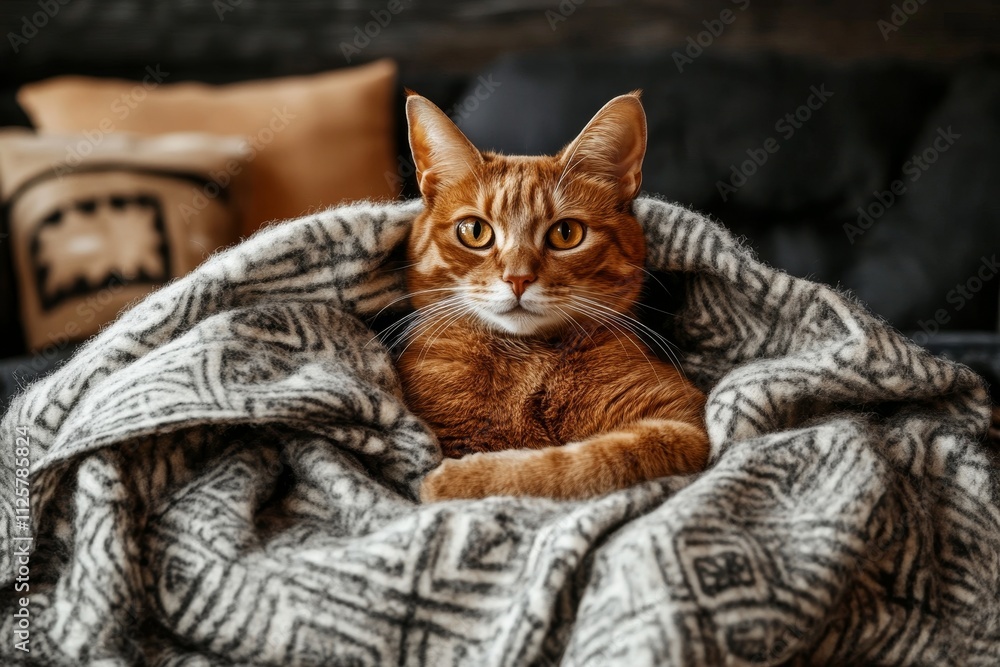 Cozy Orange Cat Snuggled in Warm Blanket in a Comfortable Living Room Setting, with Soft Pillows and Natural Lighting Enhancing the Cat's Expression of Contentment Cozy Orange Cat Snuggled in Warm Blanket in a Comfortable Living Room Setting, with Soft Pillows and Natural Lighting Enhancing the Cat's Expression of Contentment