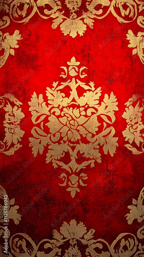 Red textured background with gold damask pattern. Red textured background with gold damask pattern.