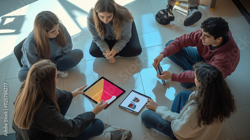 24-year-old students participating in a team-building activity, seated in a circle on the floor. They pass around a tablet, each contributing to a creative task