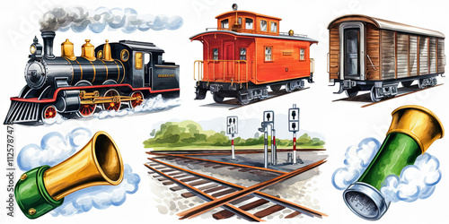 Vintage Train Illustration Locomotive Caboose Freight Car Railroad Crossing Horns