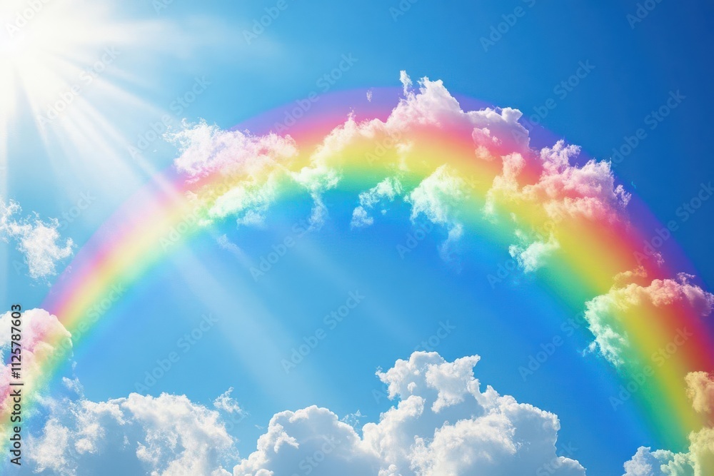 A vibrant rainbow arches across a bright blue sky filled with fluffy clouds and sunlight. A vibrant rainbow arches across a bright blue sky filled with fluffy clouds and sunlight.