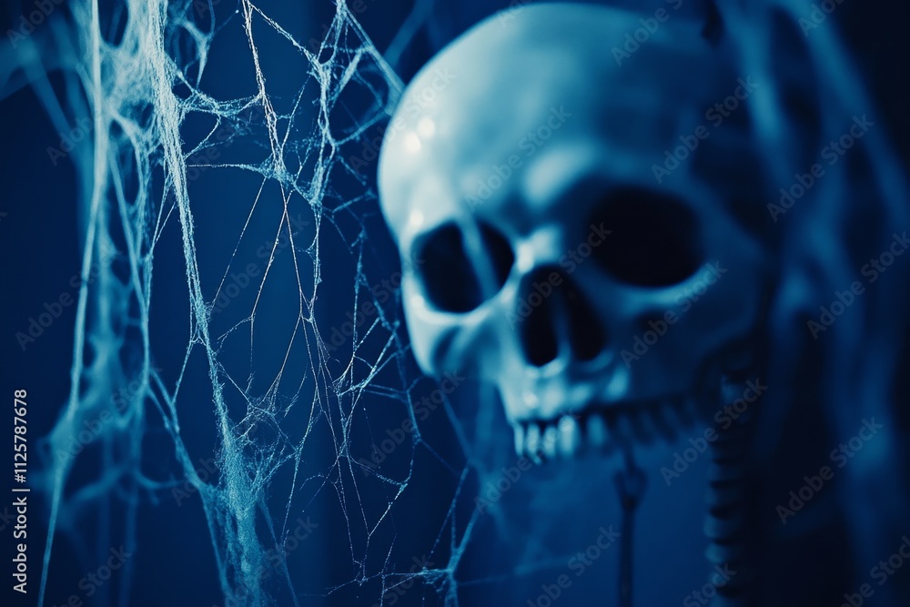 Fototapeta premium Dark and Mysterious Skull in Cobwebs Creating an Eerie Atmosphere, Perfect for Halloween Decor and Spooky-Themed Events to Evoke Fear and Intrigue