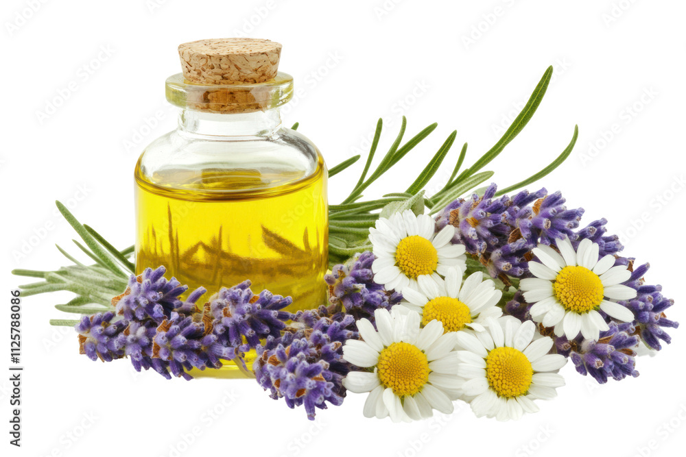 A bottle of essential oil surrounded by lavender and chamomile flowers, ideal for relaxation and wellness. A bottle of essential oil surrounded by lavender and chamomile flowers, ideal for relaxation and wellness.