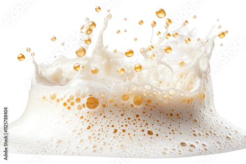 A dynamic splash of beer foam against a white background, capturing the essence of refreshment and celebration.