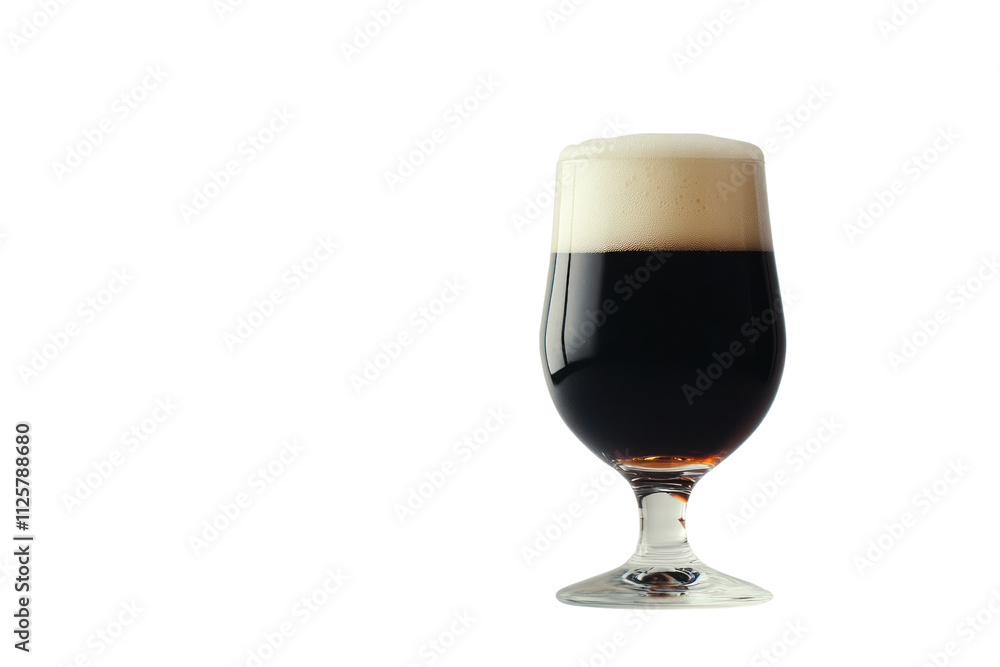 A glass of dark beer with frothy head on a white isolated background. A glass of dark beer with frothy head on a white isolated background.