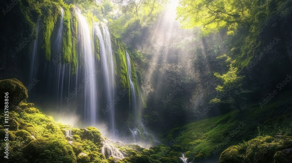 Serene Waterfall in Lush Green Forest Serene Waterfall in Lush Green Forest