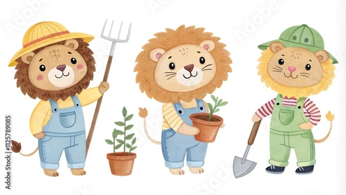 Cute watercolor illustrations of three lions in different work outfits, each holding tools or plants, depicting a playful farm or gardening theme
 photo