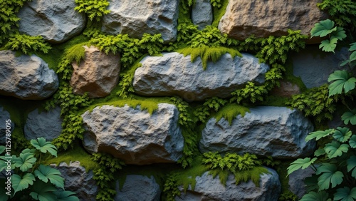 Macro Photo, Mossy Stone Wall, Forest Sunlight, Lichen