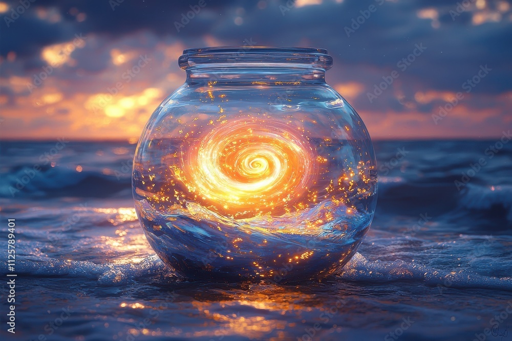 Swirling aurora ocean in jar seaside sunset digital art serene environment close-up view conceptual imagery Swirling aurora ocean in jar seaside sunset digital art serene environment close-up view conceptual imagery