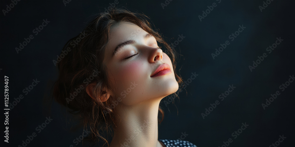Naklejka premium A portrait of an attractive woman with her eyes closed, illuminated by soft natural light against a dark background. She has rosy cheeks, generative AI