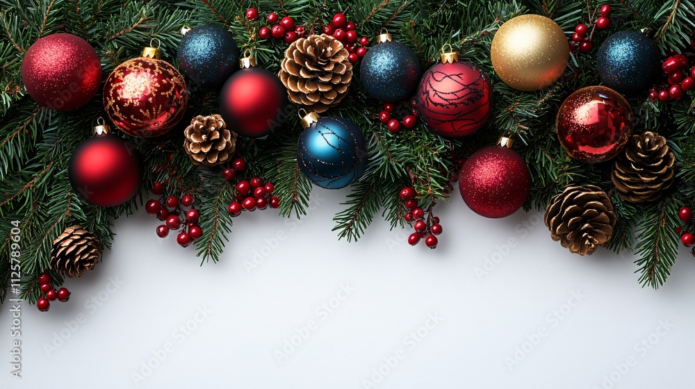 Vibrant Christmas decorations in red and gold nestled in green pine branches against a bright white background, perfect for holiday marketing and festive designs. Vibrant Christmas decorations in red and gold nestled in green pine branches against a bright white background, perfect for holiday marketing and festive designs.