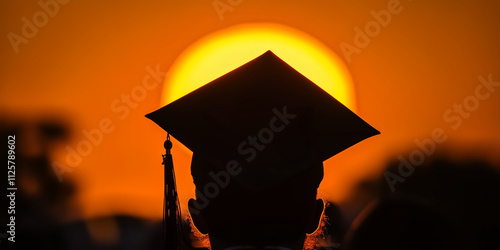 silhouette of graduate wearing cap against vibrant sunset, symbolizing achievement and new beginnings. warm colors evoke sense of celebration and hope