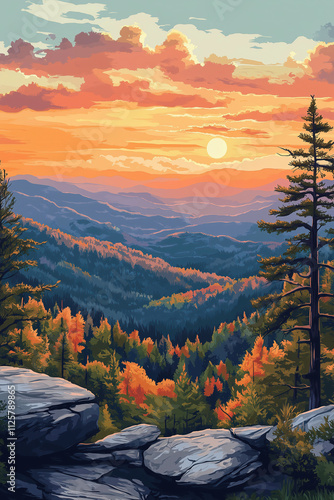 Beautiful sunset view of shenandoah national park illustration. Travel poster landscape