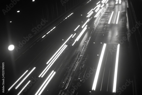 Dynamic Light Trails on Rainy Road at Night, Showing Motion and Speed with Reflections from Water Puddles and Urban Environment in Black and White