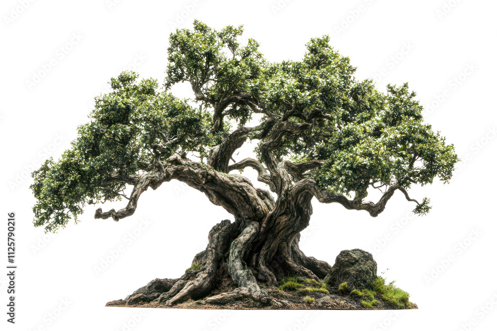 An ancient tree with twisted branches and lush foliage on a white isolated background. An ancient tree with twisted branches and lush foliage on a white isolated background.