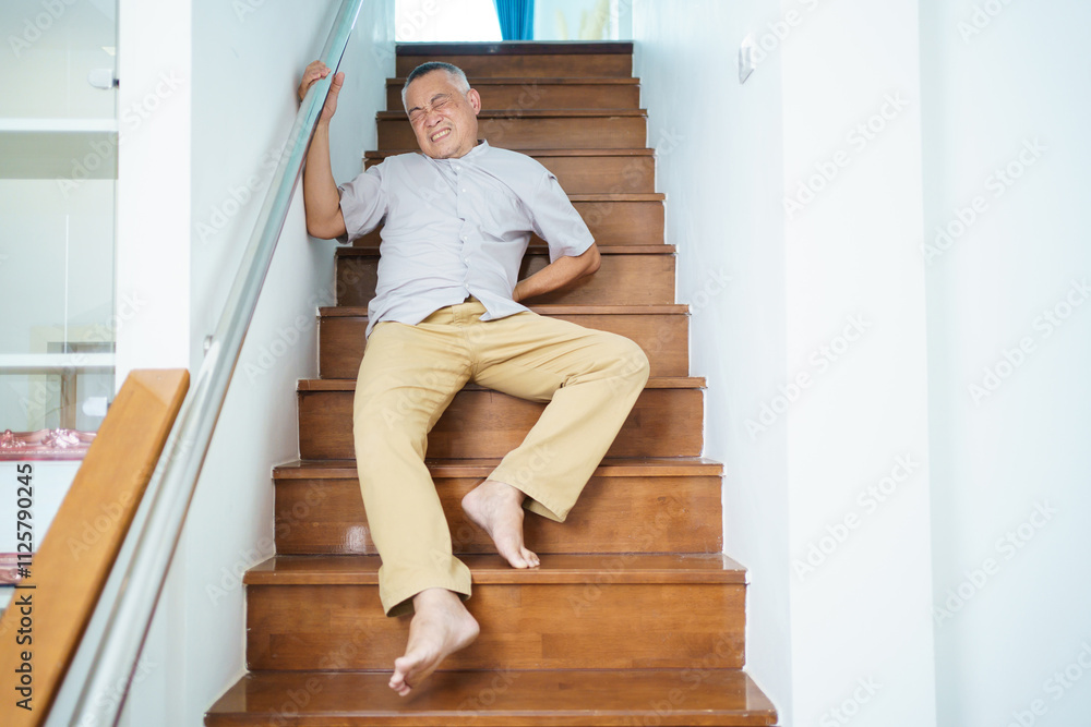 Asian elderly man got an accident while walking on the staircase at home. Asian elderly man got an accident while walking on the staircase at home.