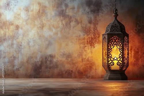 Ornate Lantern with Warm Glow on Rustic Background. Ideal for themes related to Ramadan, Middle Eastern decor, or festive celebrations. photo