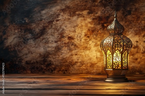 Ornate Lantern with Warm Glow on Rustic Background. Ideal for themes related to Ramadan, Middle Eastern decor, or festive celebrations. photo