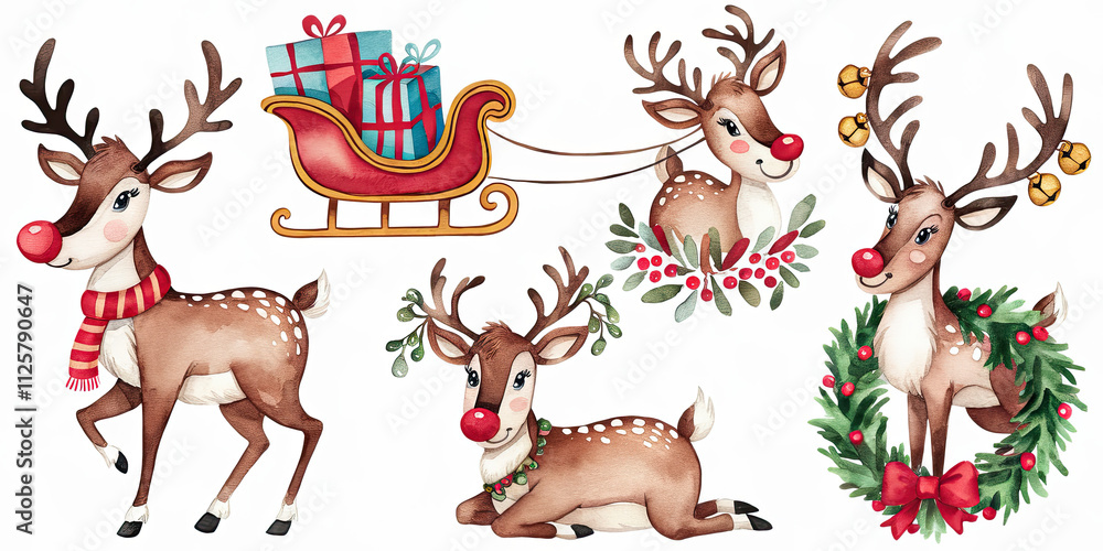 Naklejka premium Cute Watercolor Reindeer Christmas Set Holiday Animals Festive Gifts Winter Wonderland