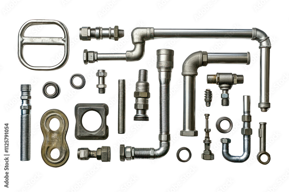Collection of metal pipes and fittings arranged on a white isolated background. Collection of metal pipes and fittings arranged on a white isolated background.
