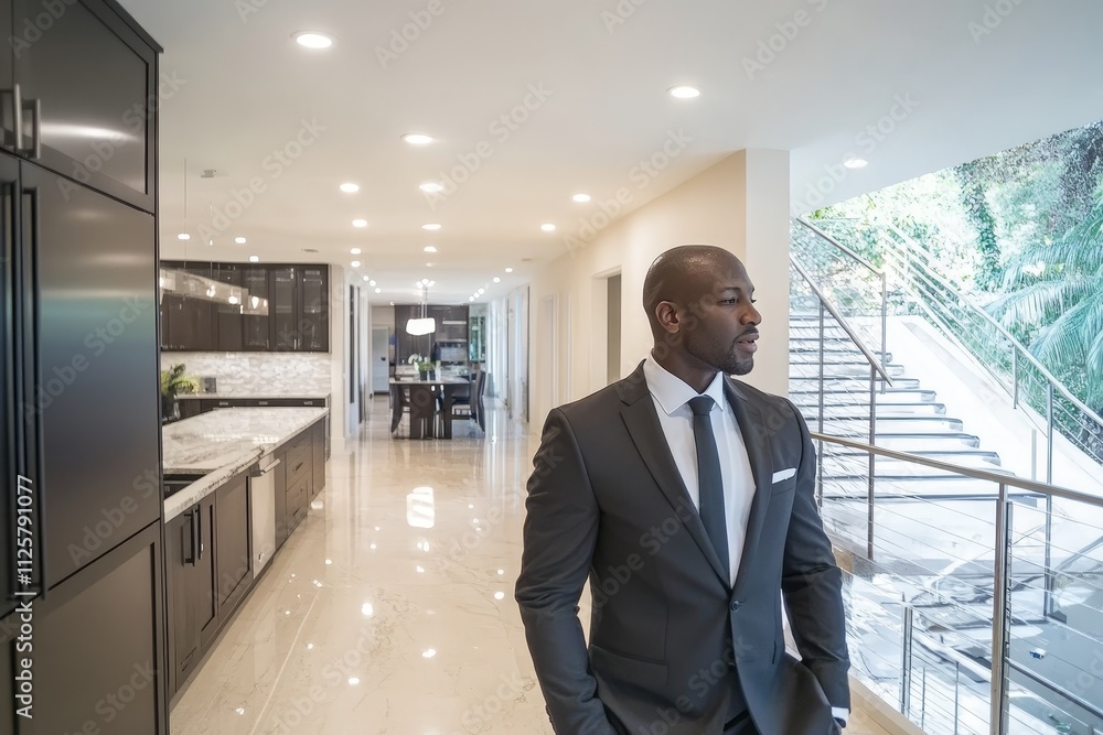 Elegant businessman in modern kitchen with open design, stylish lighting, and luxurious atmosphere, reflecting success and professionalism in a contemporary setting Elegant businessman in modern kitchen with open design, stylish lighting, and luxurious atmosphere, reflecting success and professionalism in a contemporary setting