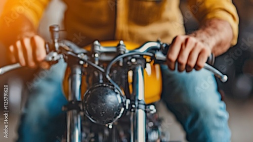 Motorcycle rider in workshop action shot close-up view urban environment passion for mechanics