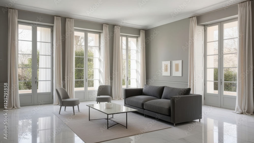 Fototapeta premium serene, minimalist living room with a neutral gray color palette.